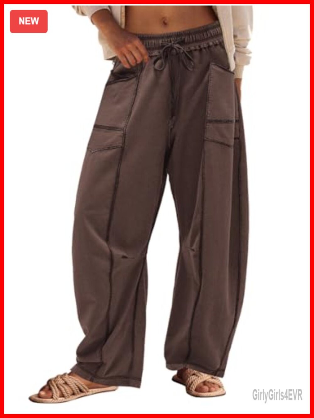 Barrel Leg Sweatpants Wide Leg Mid Rise Pull On Drawstring Pockets Cropped